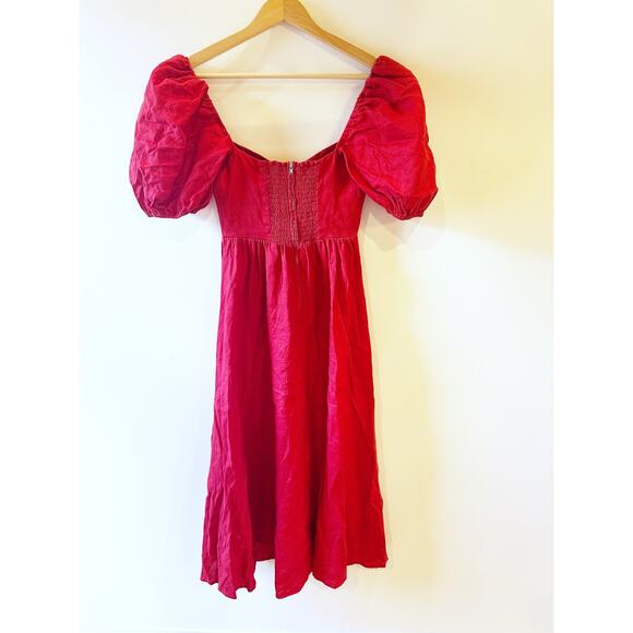 Reformation 100% Linen Red Zipper Smock Puffy Sleeve Sweetheart Neck Dress Sz 0 - Picture 3 of 12